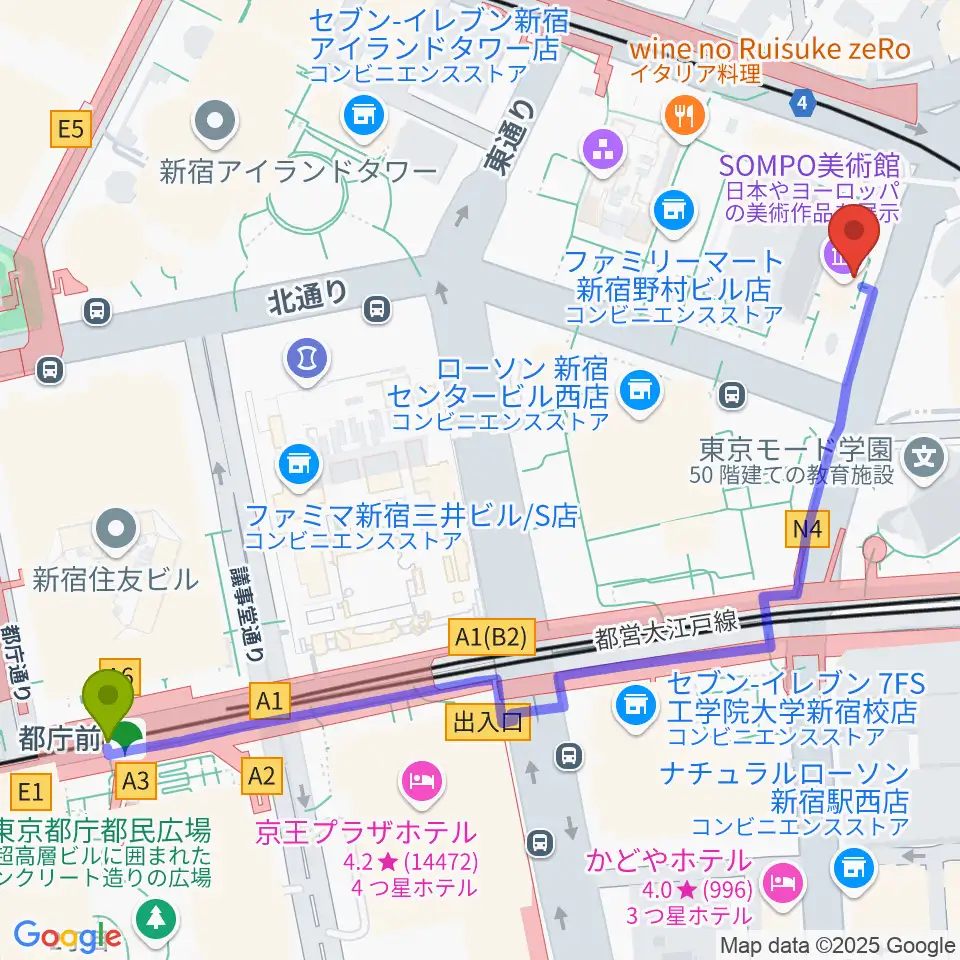 都庁前駅からSOMPO美術館へのルートマップ地図