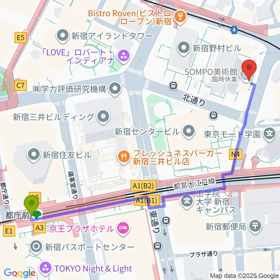 都庁前駅からSOMPO美術館へのルートマップ地図