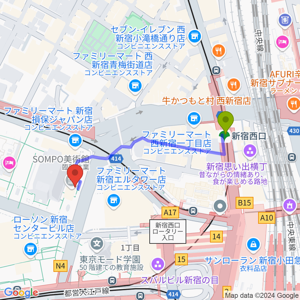 SOMPO美術館の最寄駅新宿西口駅からの徒歩ルート（約4分）地図