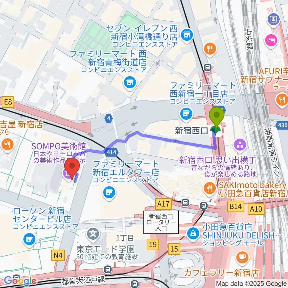 SOMPO美術館の最寄駅新宿西口駅からの徒歩ルート（約4分）地図