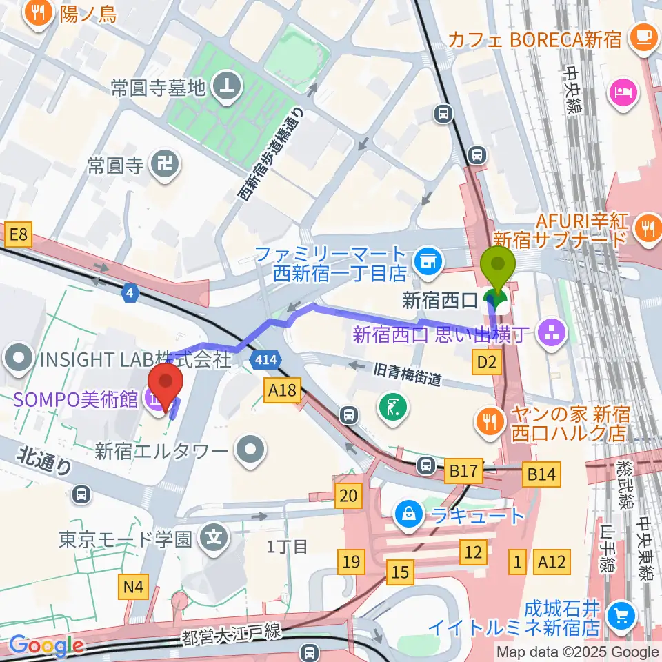 SOMPO美術館の最寄駅新宿西口駅からの徒歩ルート（約4分）地図