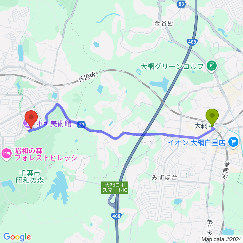 大網駅からホキ美術館へのルートマップ地図