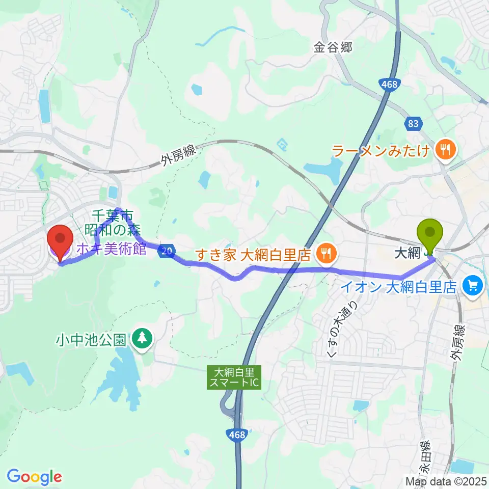 大網駅からホキ美術館へのルートマップ地図