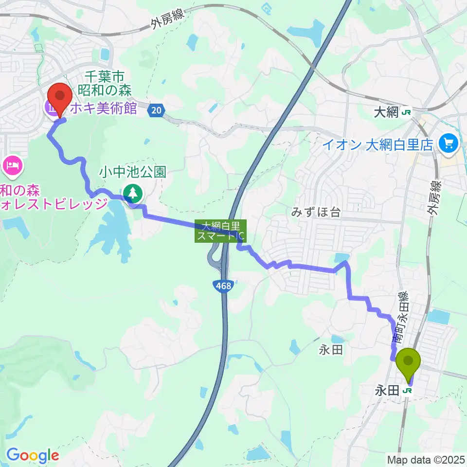 永田駅からホキ美術館へのルートマップ地図