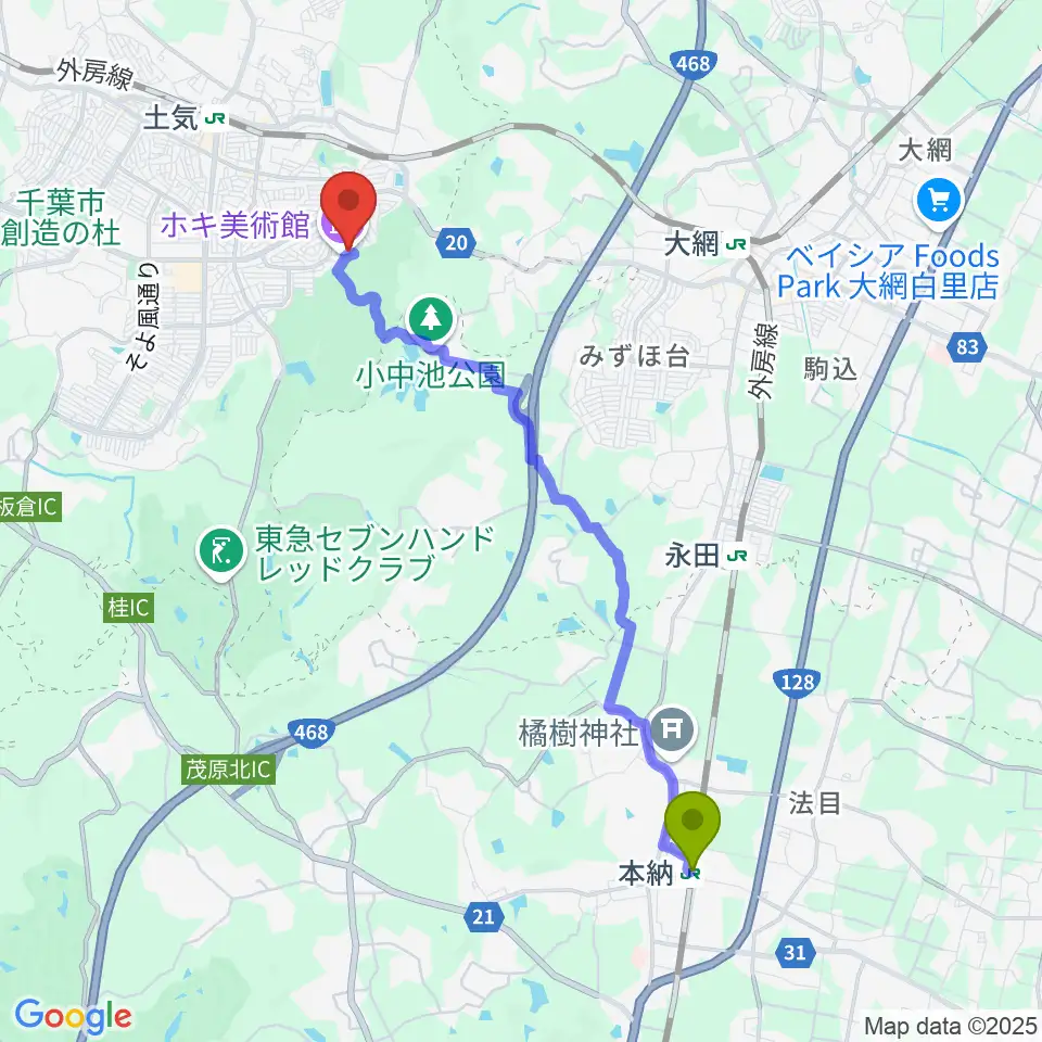 本納駅からホキ美術館へのルートマップ地図