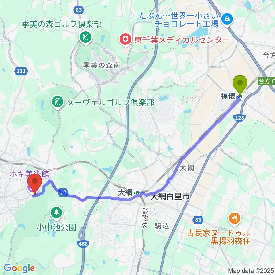 福俵駅からホキ美術館へのルートマップ地図