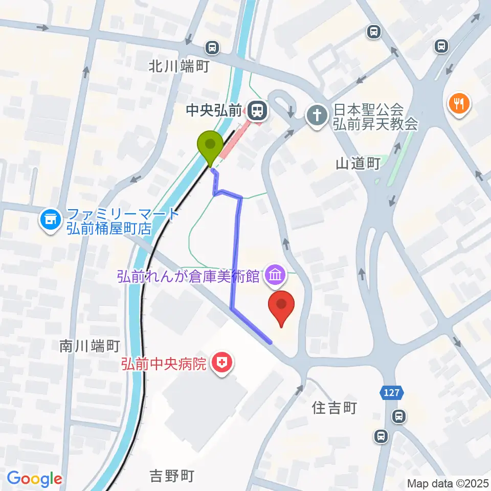 弘前れんが倉庫美術館の最寄駅中央弘前駅からの徒歩ルート（約3分）地図