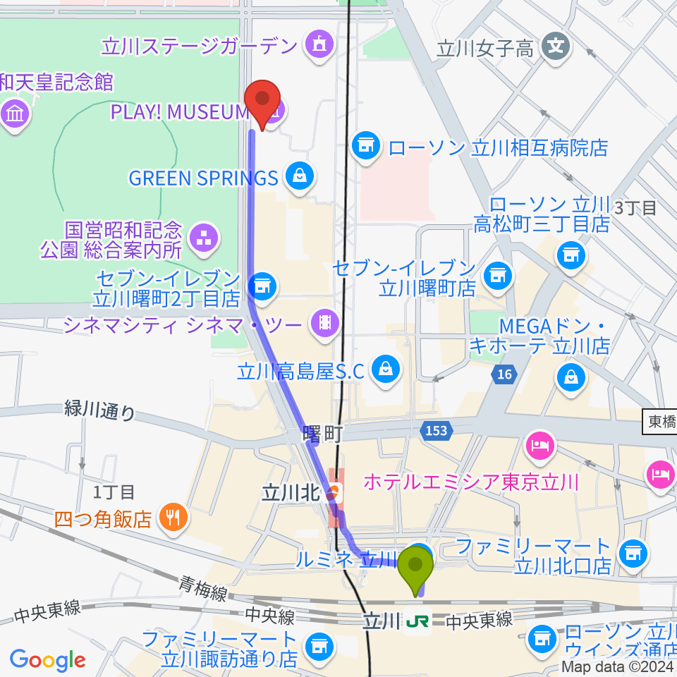 立川駅からPLAY! MUSEUMへのルートマップ地図