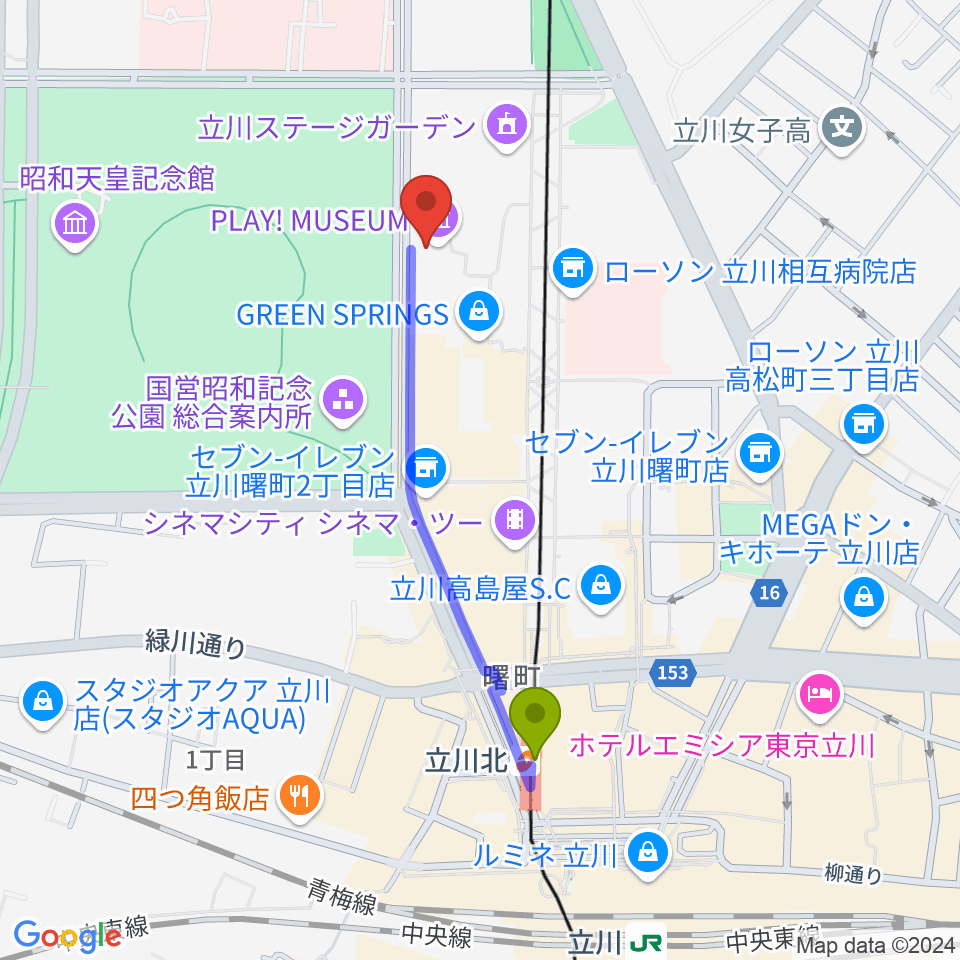 PLAY! MUSEUMの最寄駅立川北駅からの徒歩ルート（約8分）地図