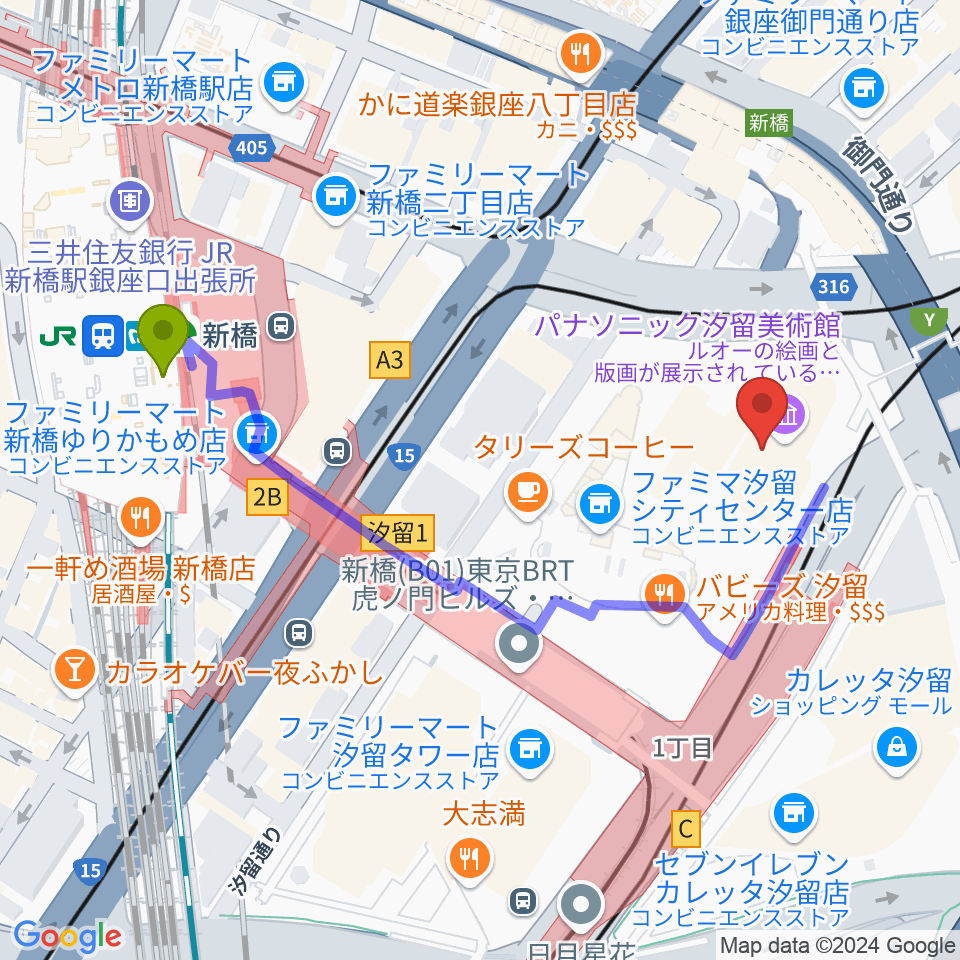 新橋駅からパナソニック汐留美術館へのルートマップ地図