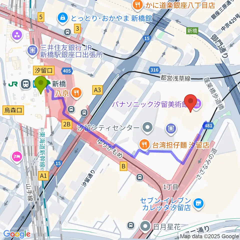 新橋駅からパナソニック汐留美術館へのルートマップ地図