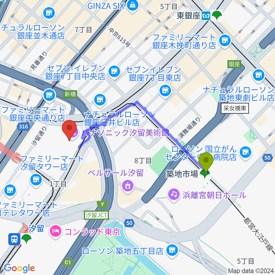 築地市場駅からパナソニック汐留美術館へのルートマップ地図