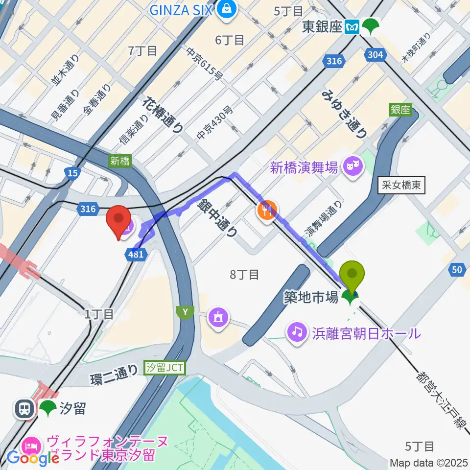 築地市場駅からパナソニック汐留美術館へのルートマップ地図