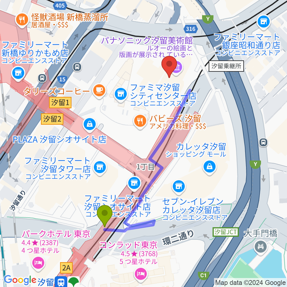 パナソニック汐留美術館の最寄駅汐留駅からの徒歩ルート（約4分）地図