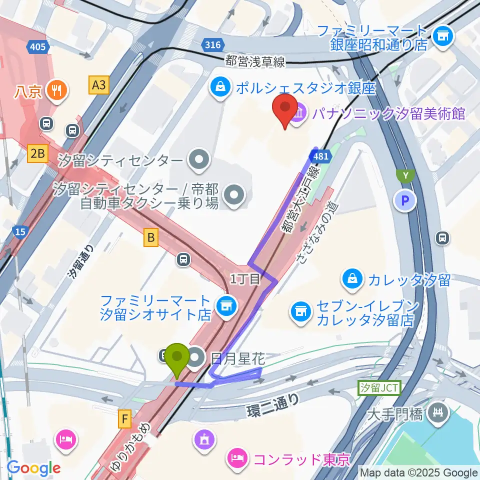 パナソニック汐留美術館の最寄駅汐留駅からの徒歩ルート（約4分）地図
