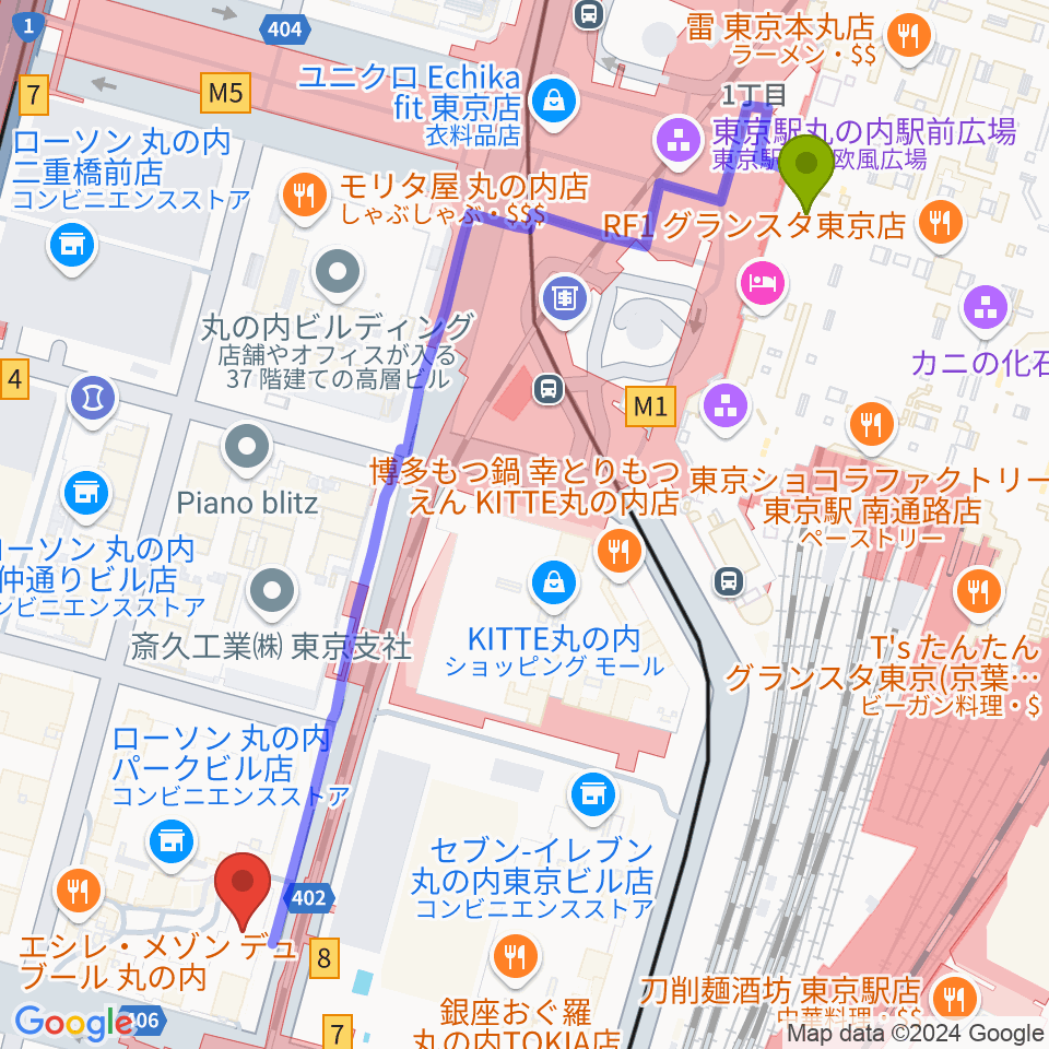 東京駅から三菱一号館美術館へのルートマップ地図