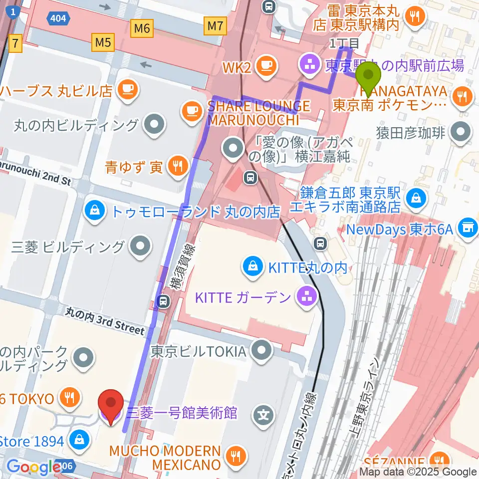 東京駅から三菱一号館美術館へのルートマップ地図