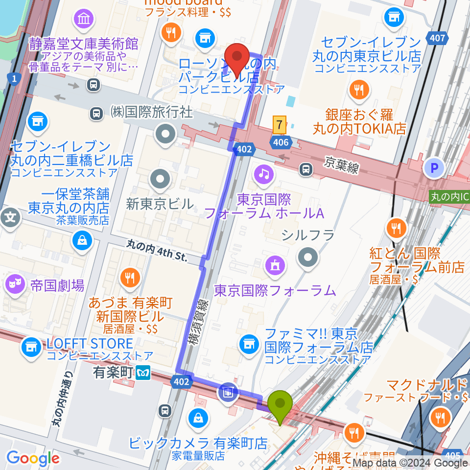 有楽町駅から三菱一号館美術館へのルートマップ地図