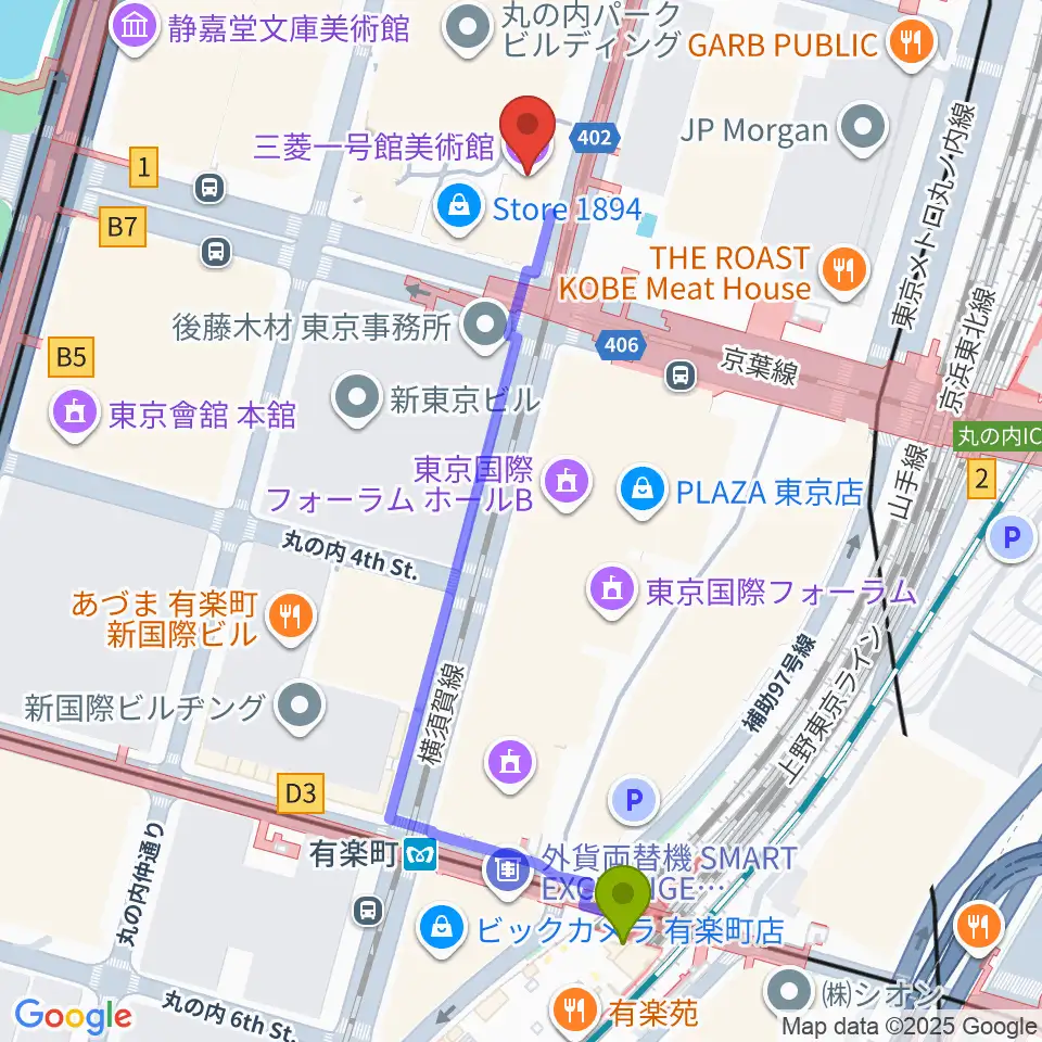有楽町駅から三菱一号館美術館へのルートマップ地図