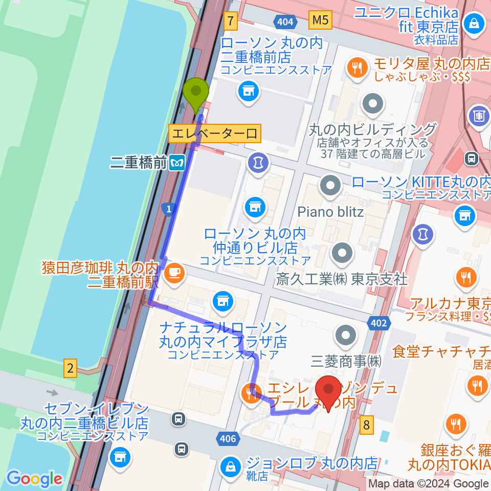 三菱一号館美術館の最寄駅二重橋前駅からの徒歩ルート（約5分）地図