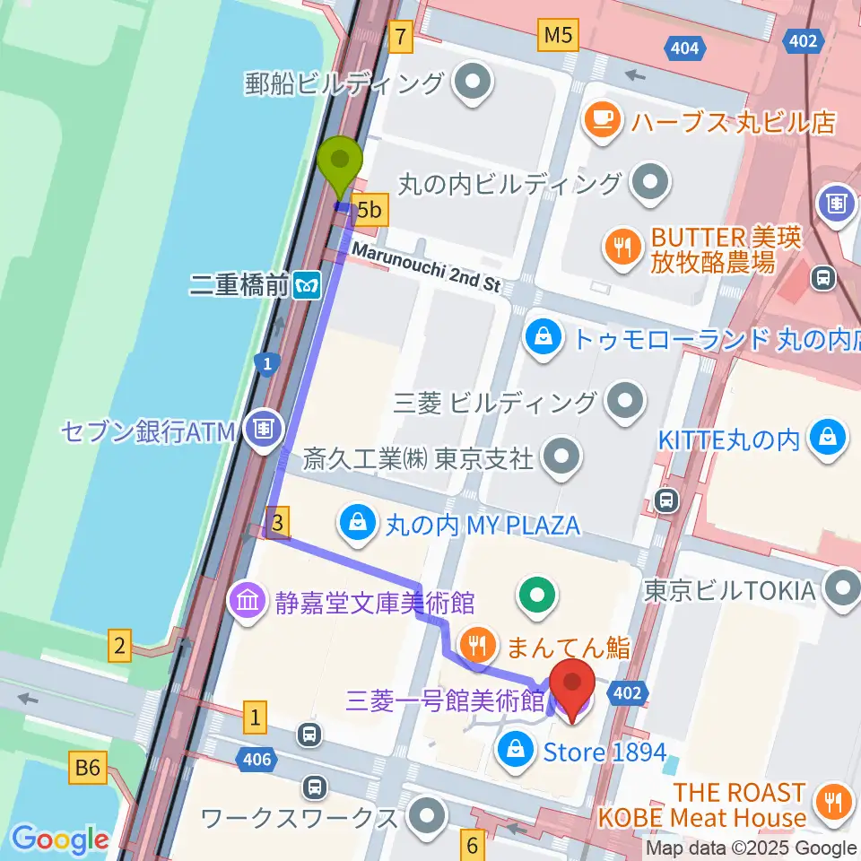 三菱一号館美術館の最寄駅二重橋前駅からの徒歩ルート（約5分）地図