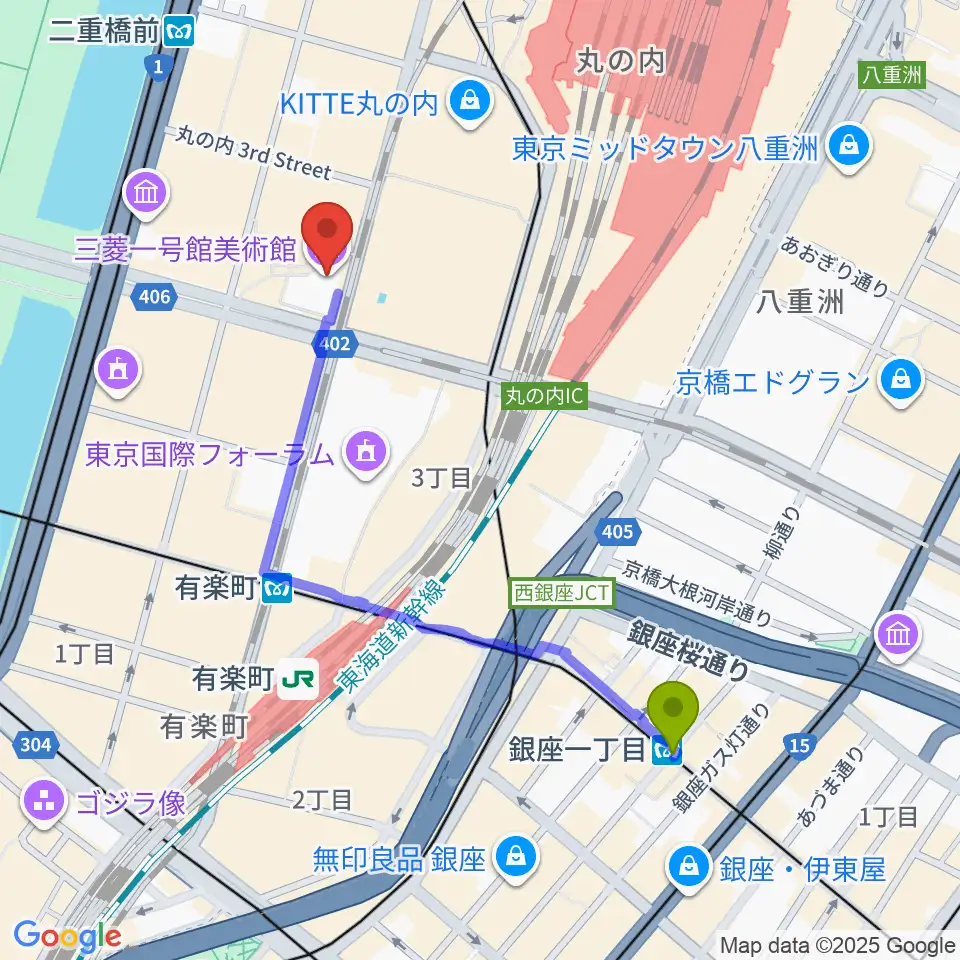 銀座一丁目駅から三菱一号館美術館へのルートマップ地図