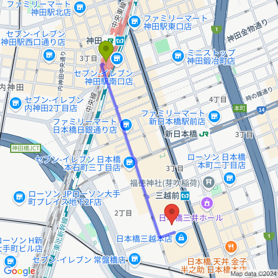 神田駅から三井記念美術館へのルートマップ地図