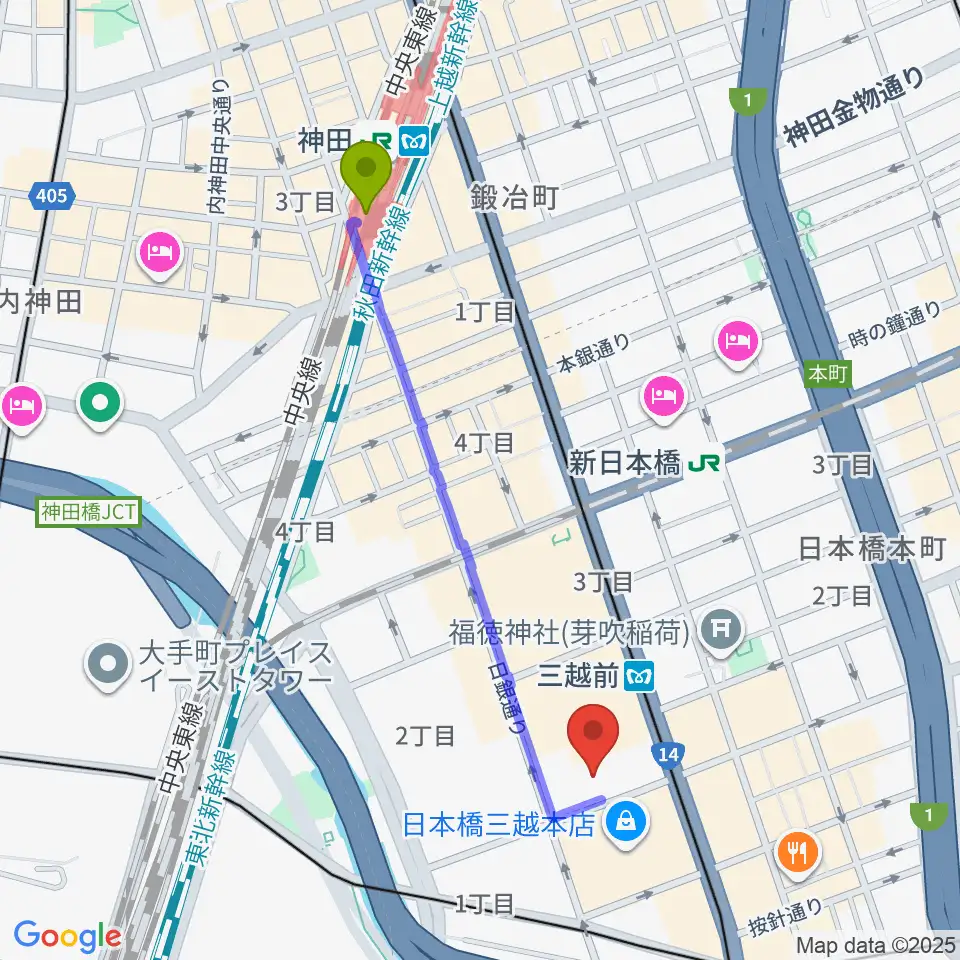 神田駅から三井記念美術館へのルートマップ地図