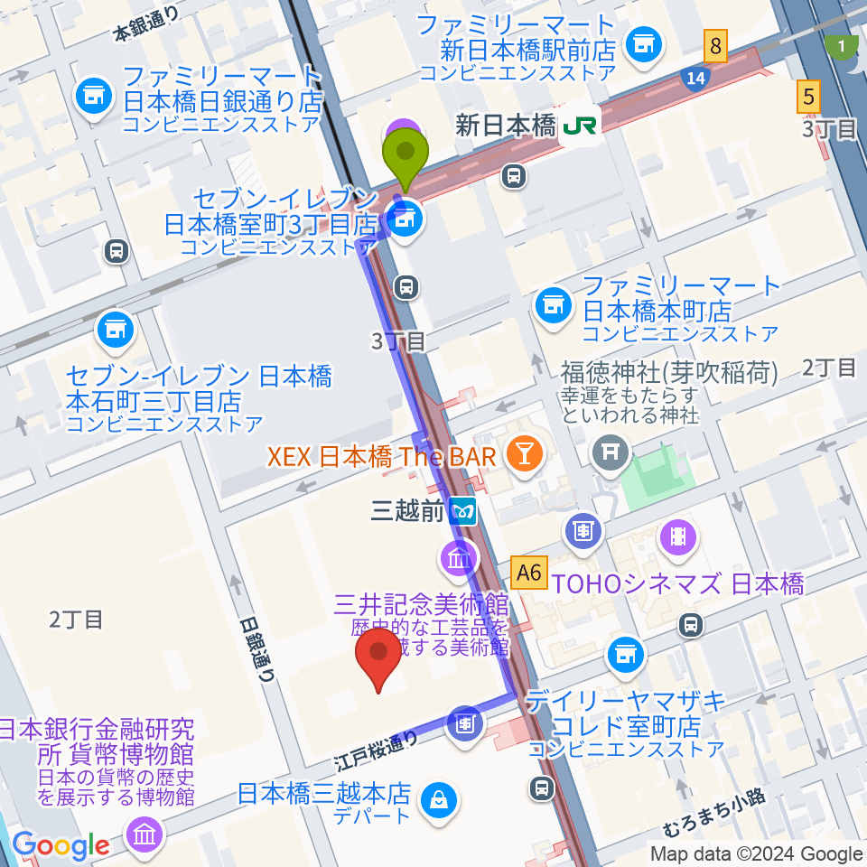 三井記念美術館の最寄駅新日本橋駅からの徒歩ルート（約4分）地図