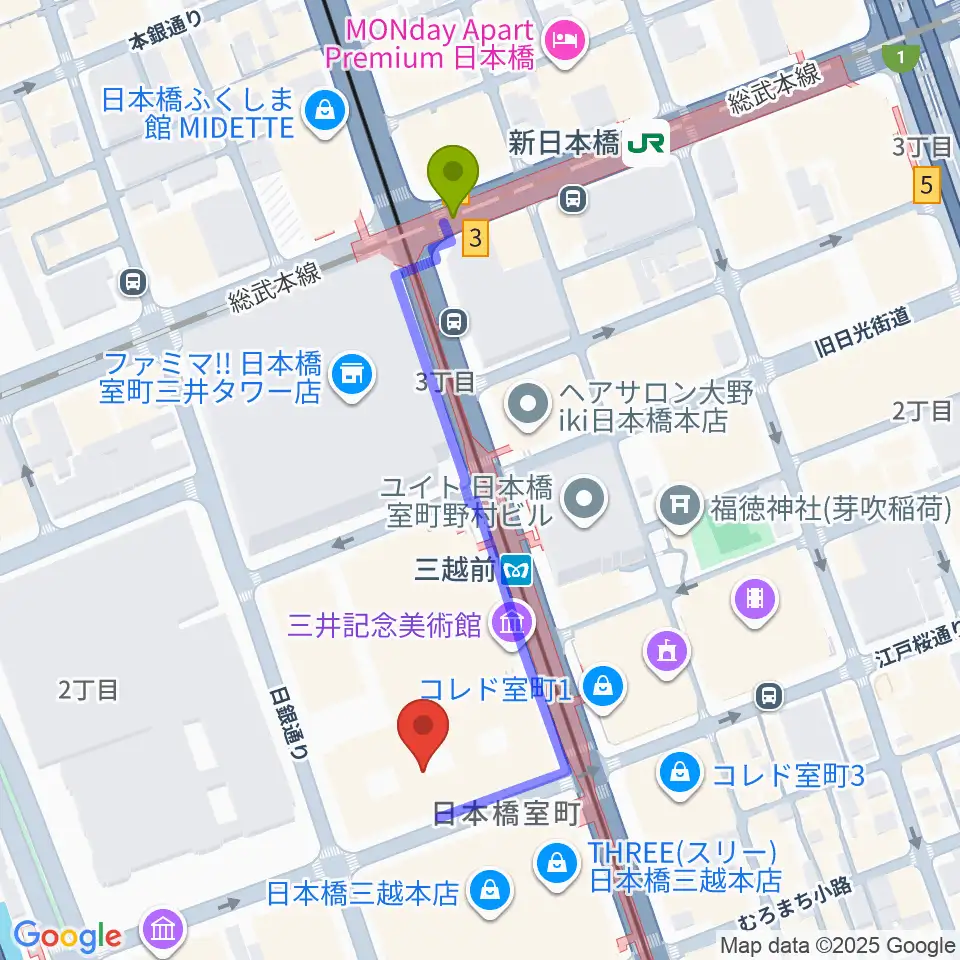 三井記念美術館の最寄駅新日本橋駅からの徒歩ルート（約4分）地図