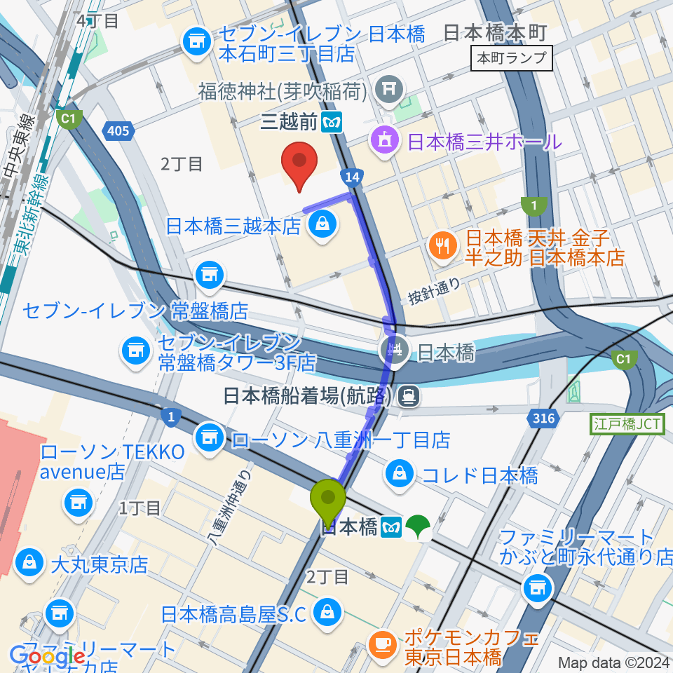 日本橋駅から三井記念美術館へのルートマップ地図