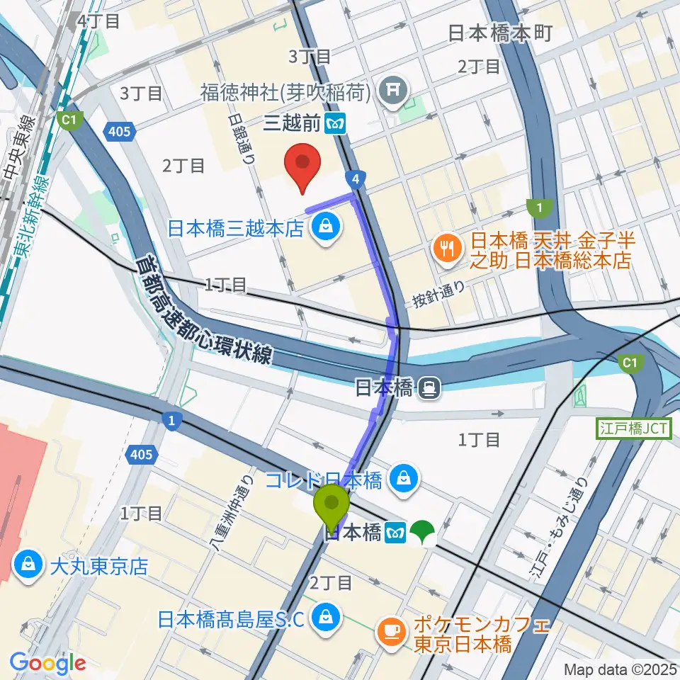 日本橋駅から三井記念美術館へのルートマップ地図
