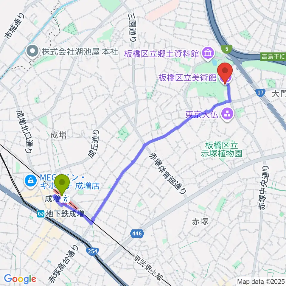 成増駅から板橋区立美術館へのルートマップ地図