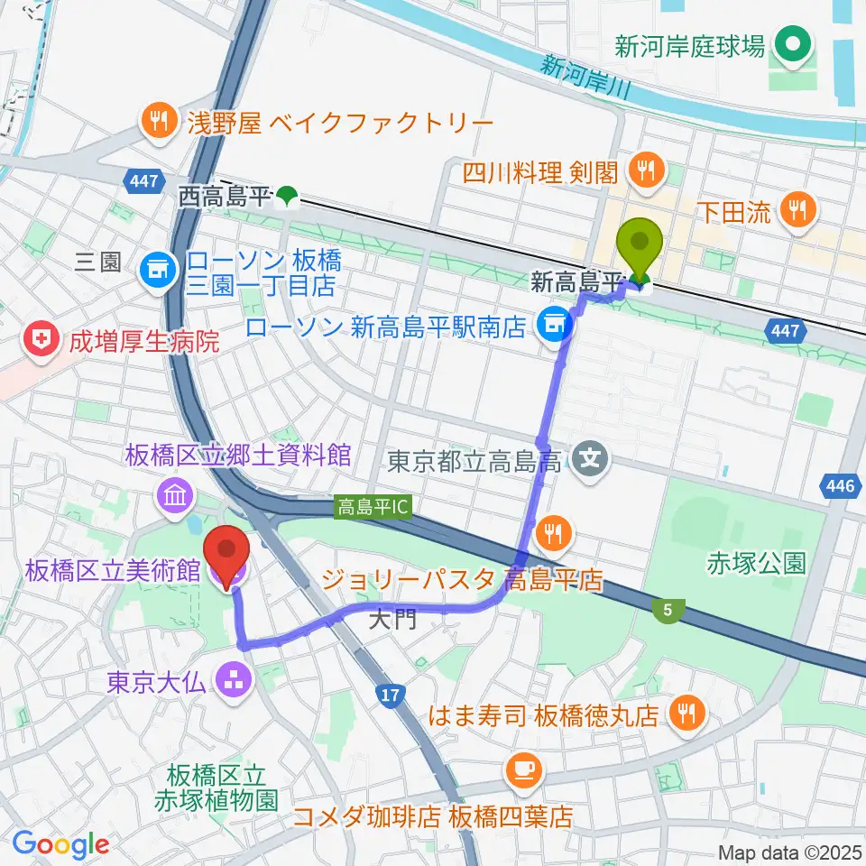 新高島平駅から板橋区立美術館へのルートマップ地図