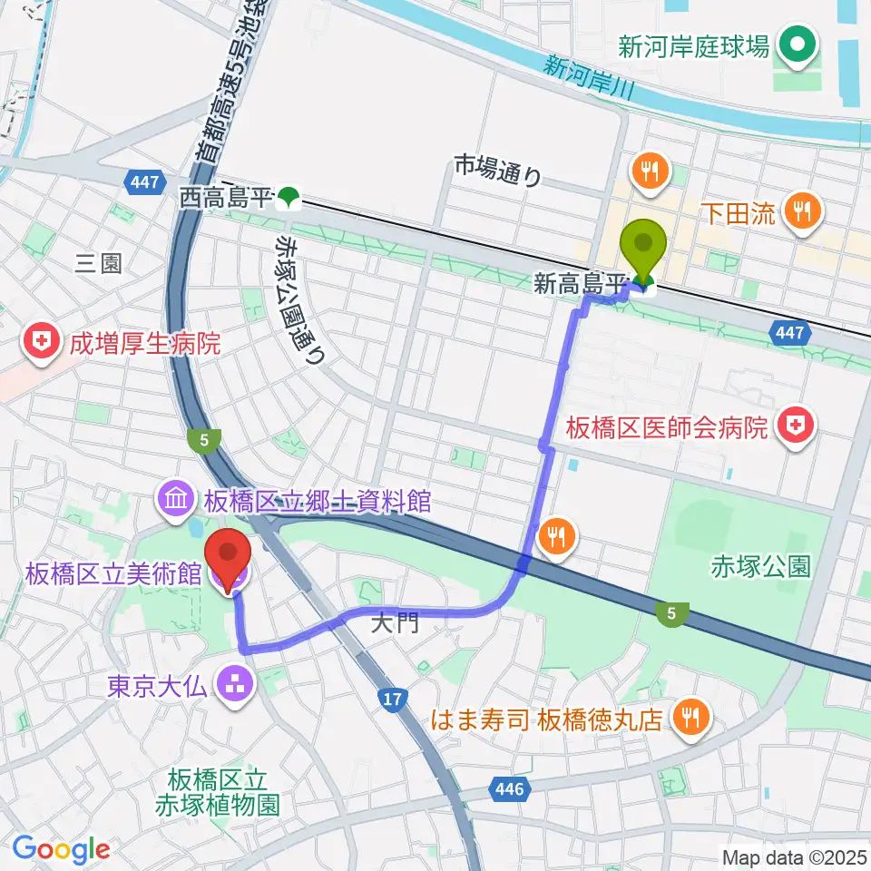 新高島平駅から板橋区立美術館へのルートマップ地図