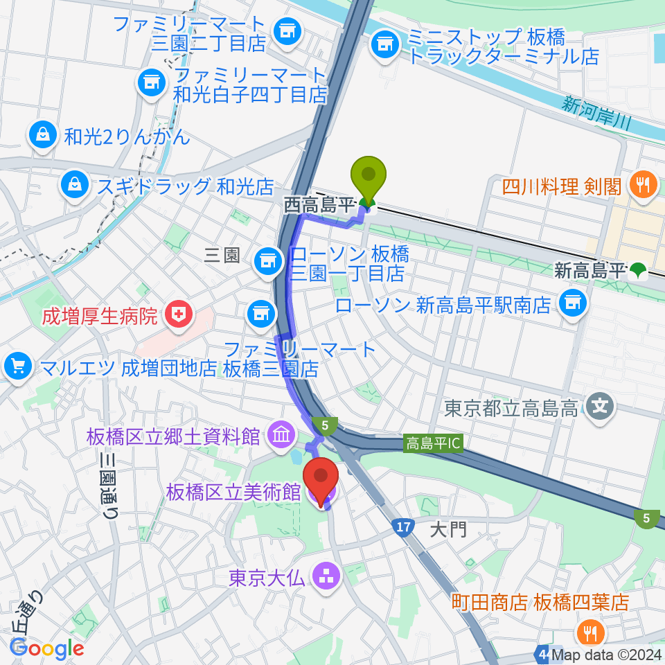 板橋区立美術館の最寄駅西高島平駅からの徒歩ルート（約14分）地図