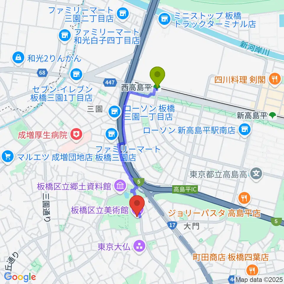 板橋区立美術館の最寄駅西高島平駅からの徒歩ルート（約14分）地図
