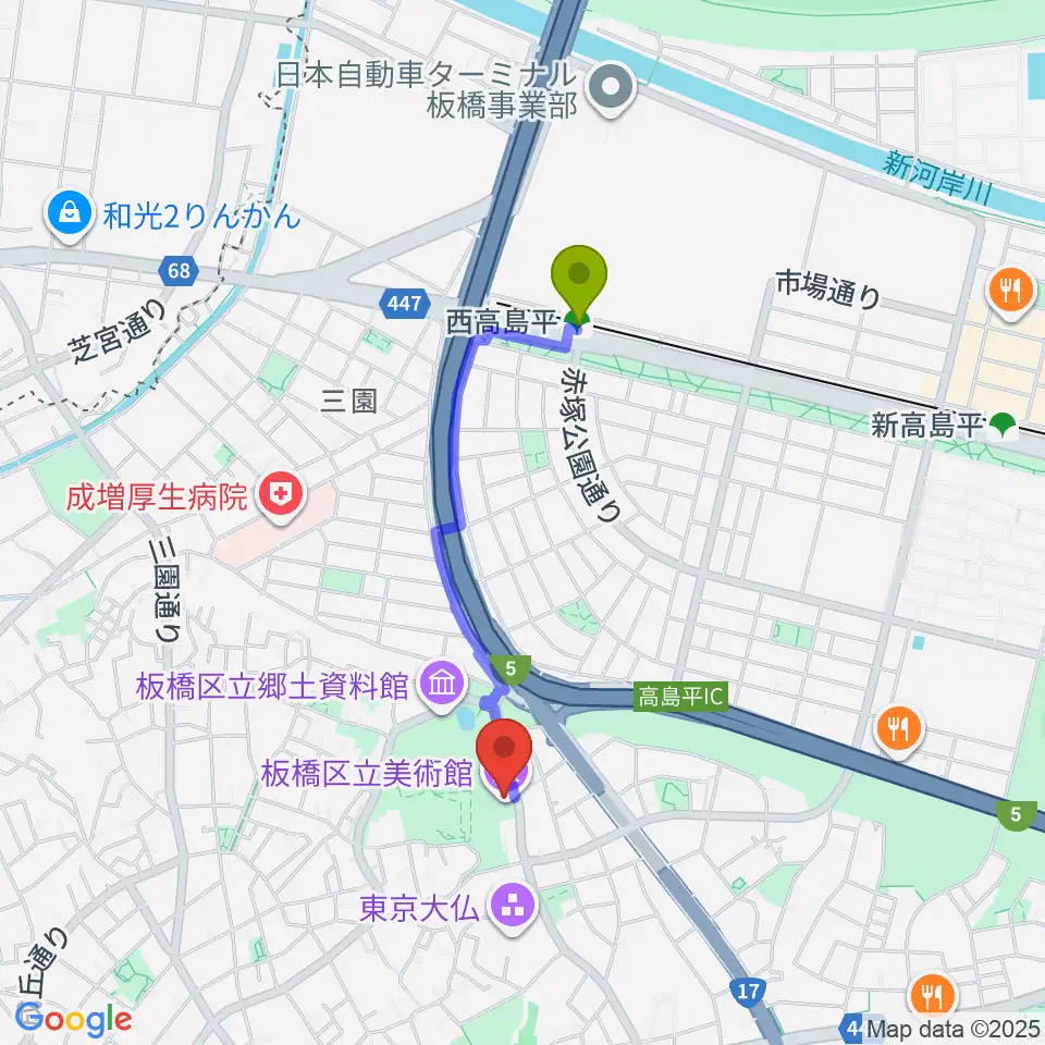 板橋区立美術館の最寄駅西高島平駅からの徒歩ルート（約14分）地図