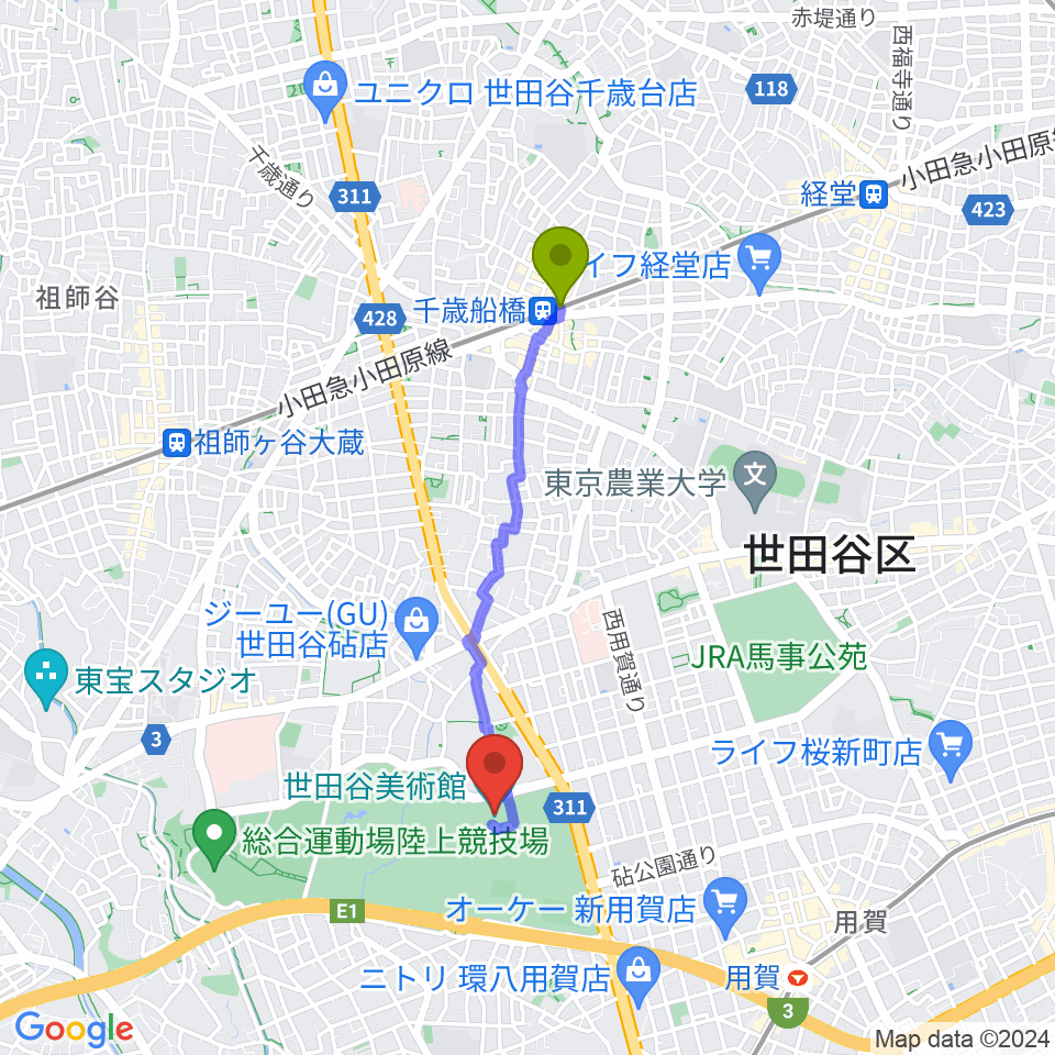 千歳船橋駅から世田谷美術館へのルートマップ地図