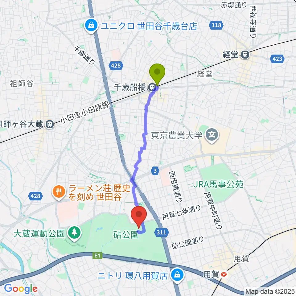 千歳船橋駅から世田谷美術館へのルートマップ地図