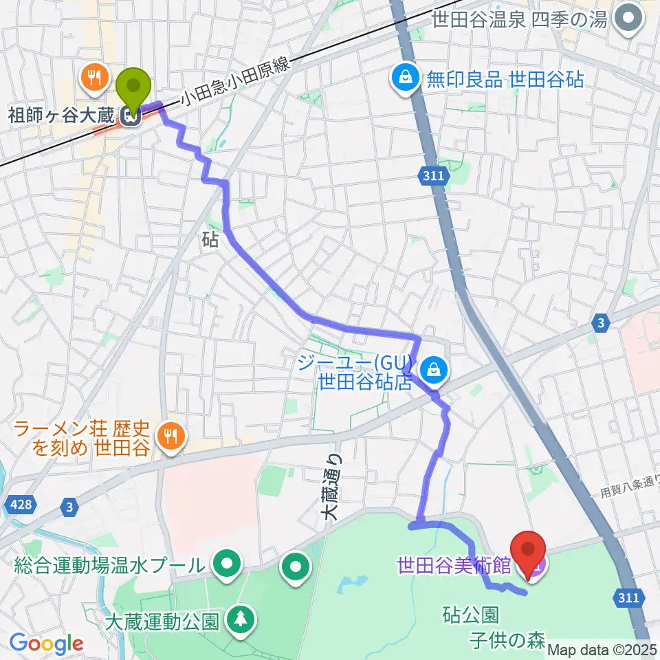 祖師ヶ谷大蔵駅から世田谷美術館へのルートマップ地図