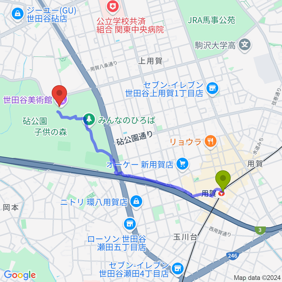 世田谷美術館の最寄駅用賀駅からの徒歩ルート（約20分）地図