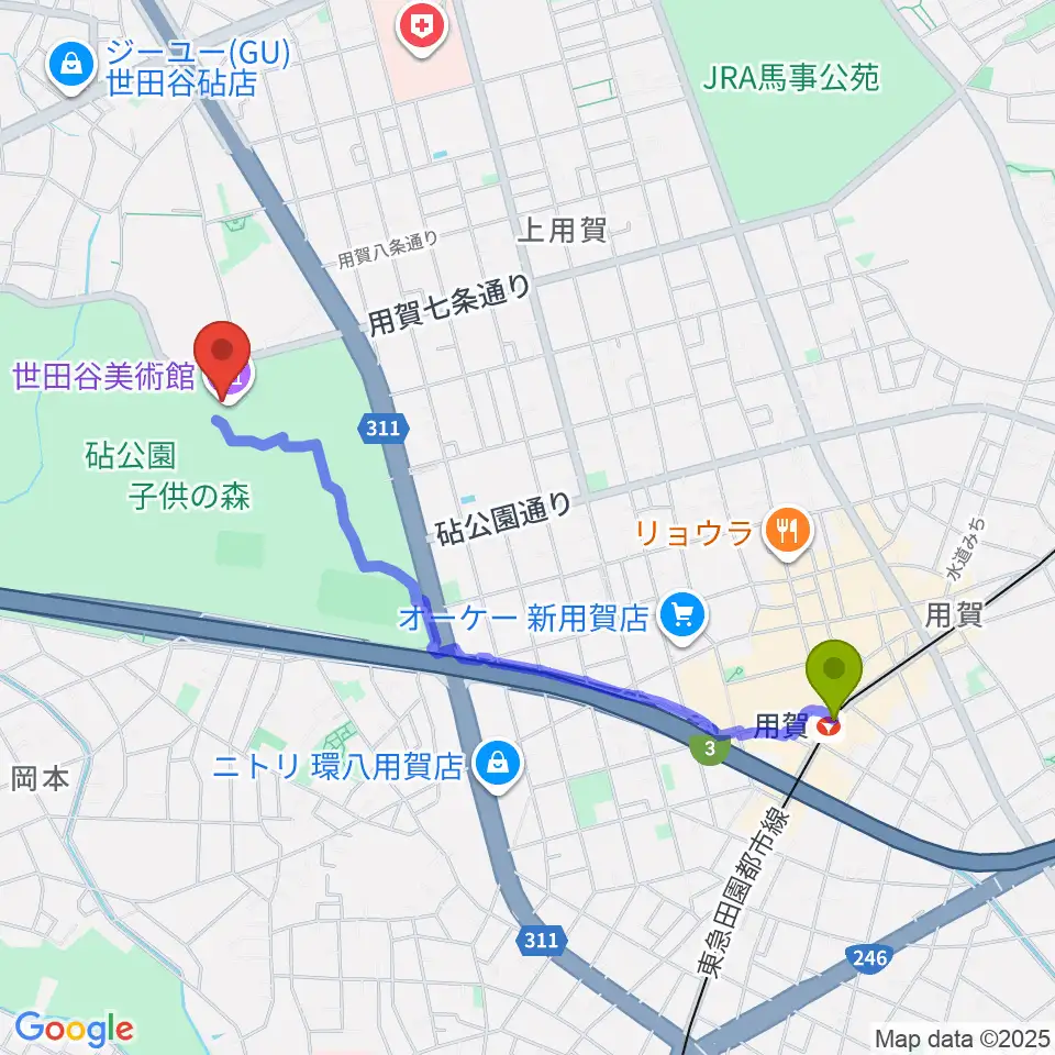世田谷美術館の最寄駅用賀駅からの徒歩ルート（約20分）地図