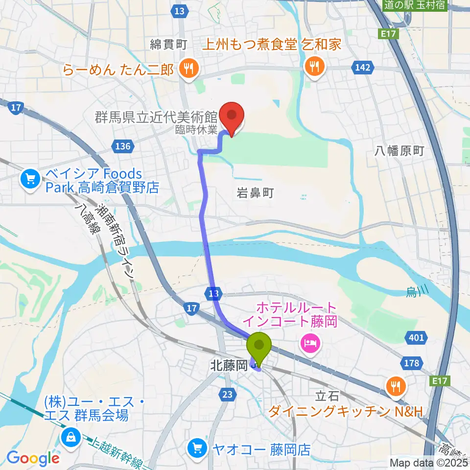 群馬県立近代美術館の最寄駅北藤岡駅からの徒歩ルート（約30分）地図