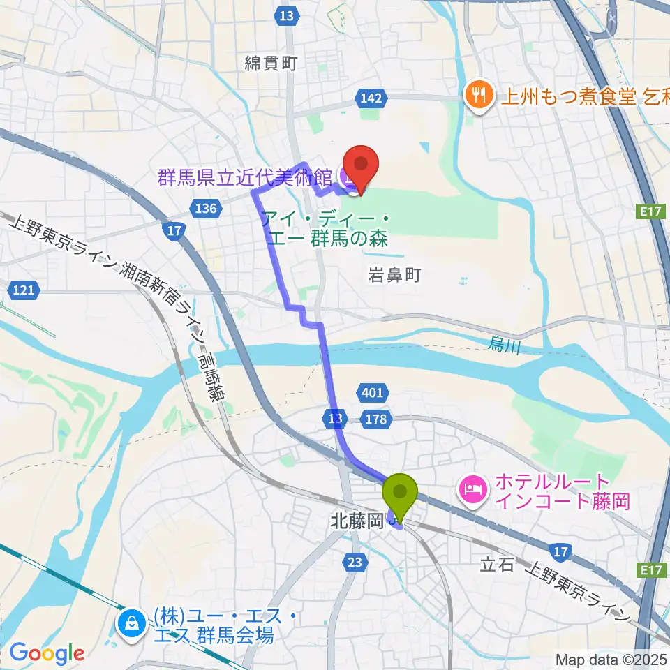 群馬県立近代美術館の最寄駅北藤岡駅からの徒歩ルート（約30分）地図