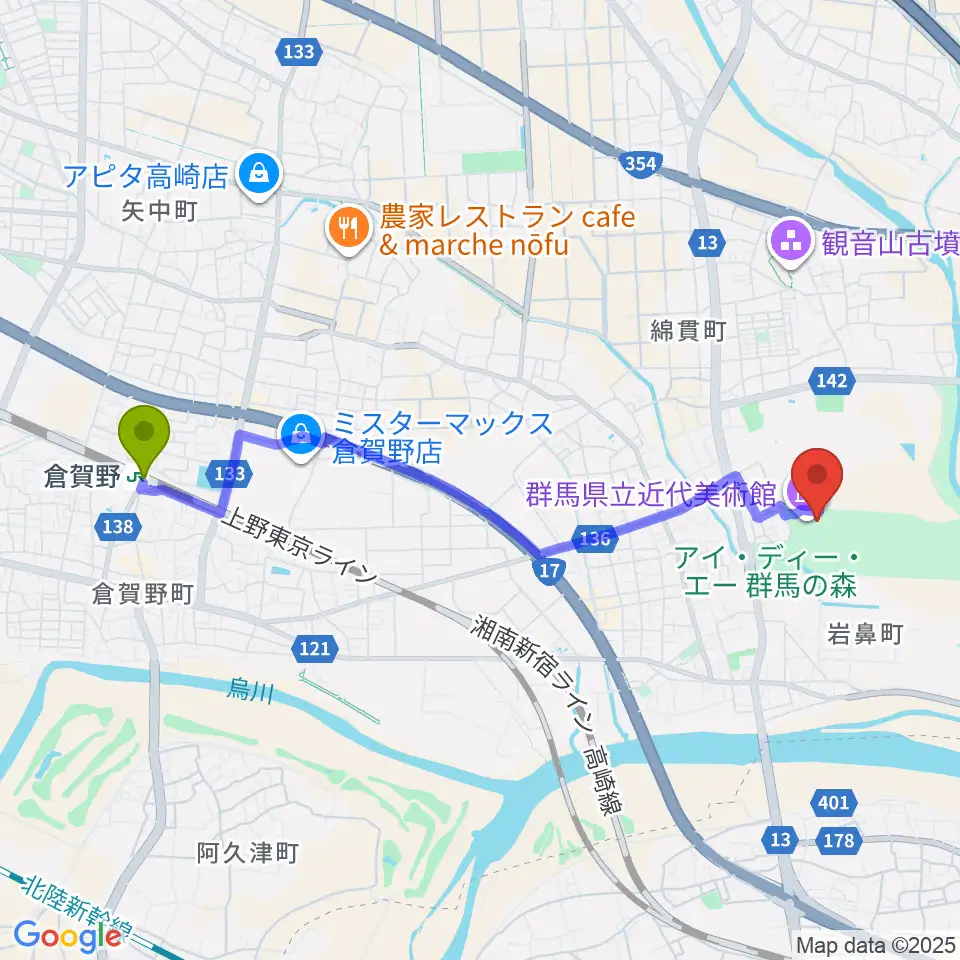 倉賀野駅から群馬県立近代美術館へのルートマップ地図