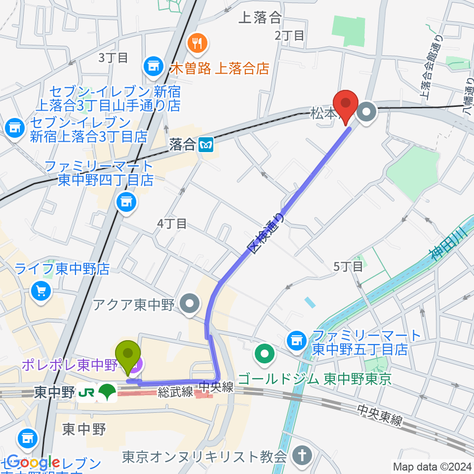 東中野駅からプラチナムガレージへのルートマップ地図