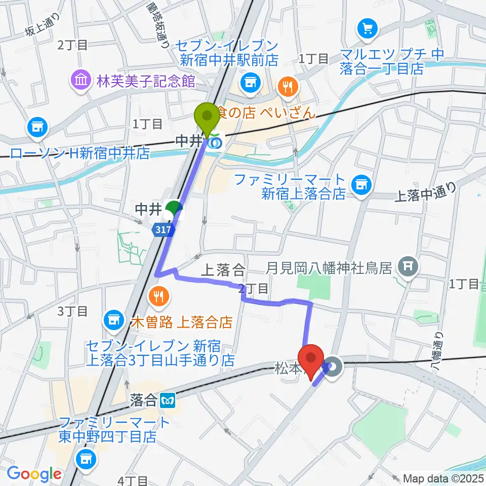 中井駅からプラチナムガレージへのルートマップ地図