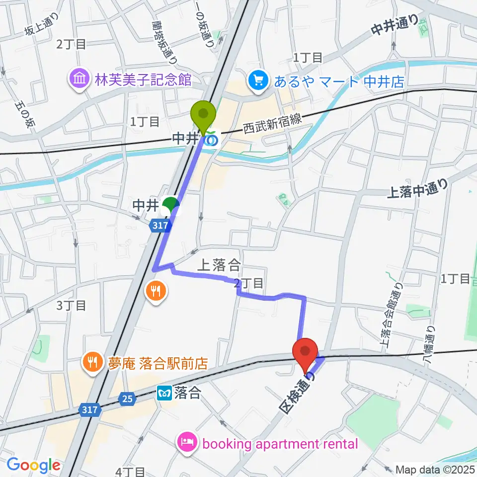 中井駅からプラチナムガレージへのルートマップ地図