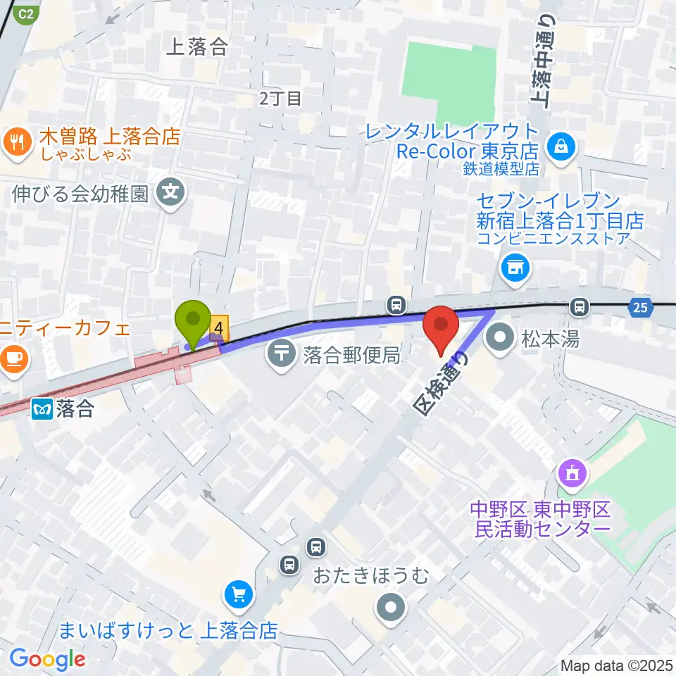 プラチナムガレージの最寄駅落合駅からの徒歩ルート（約3分）地図